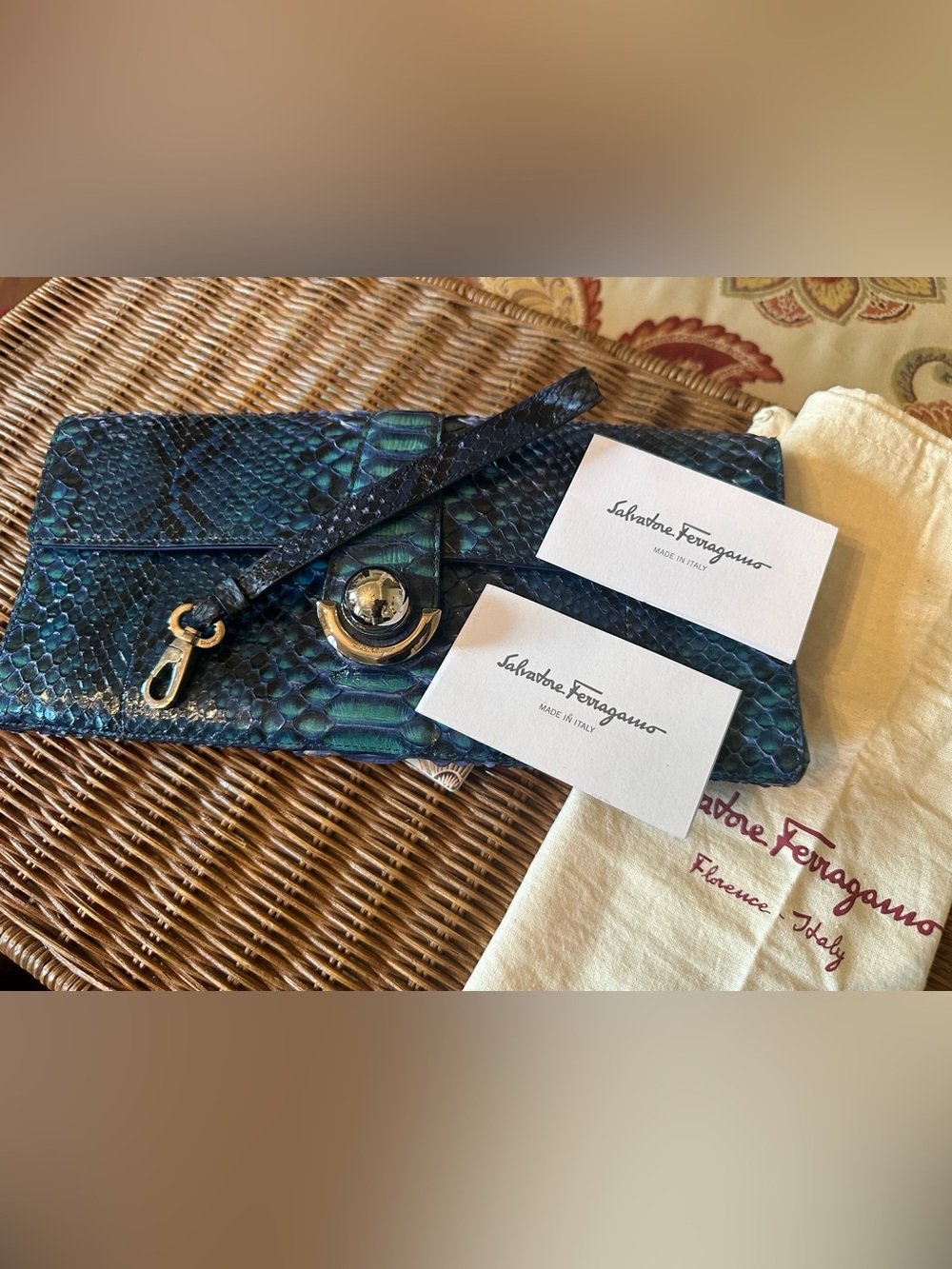 SALVATORE FERRAGAMO Exotic Blue Python Leather Clutch w/Gancini Motif Front Flap - Picture 3 of 9